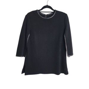 St. John knits modern black top tunic side slit sleeve detail 10 leather trimmed